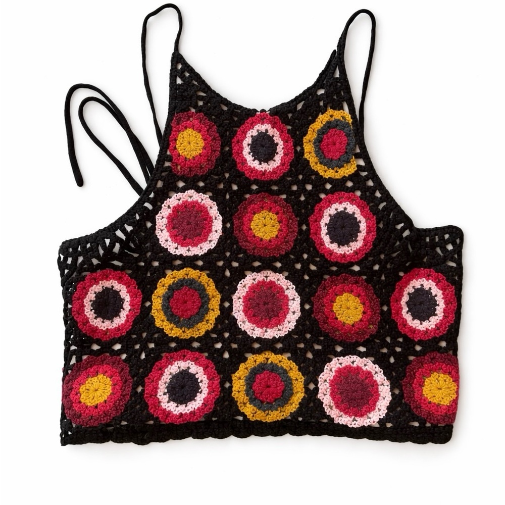 Ghanda Black Crochet Crop Camisole with Pink, Red & Yellow Circles